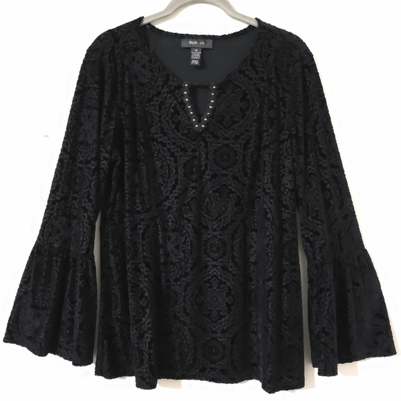 STYLE & CO Black Velvet Burnout Long Sleeve, Bell Sleeves, Witchy Whimsigoth, M - Picture 2 of 16